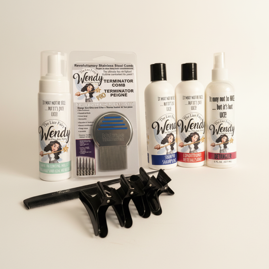 Wendy Full Size Family Kit: leave-in mousse, Terminator Pro comb, shampoo, conditioner, detangler, tail comb, and sectioning clips